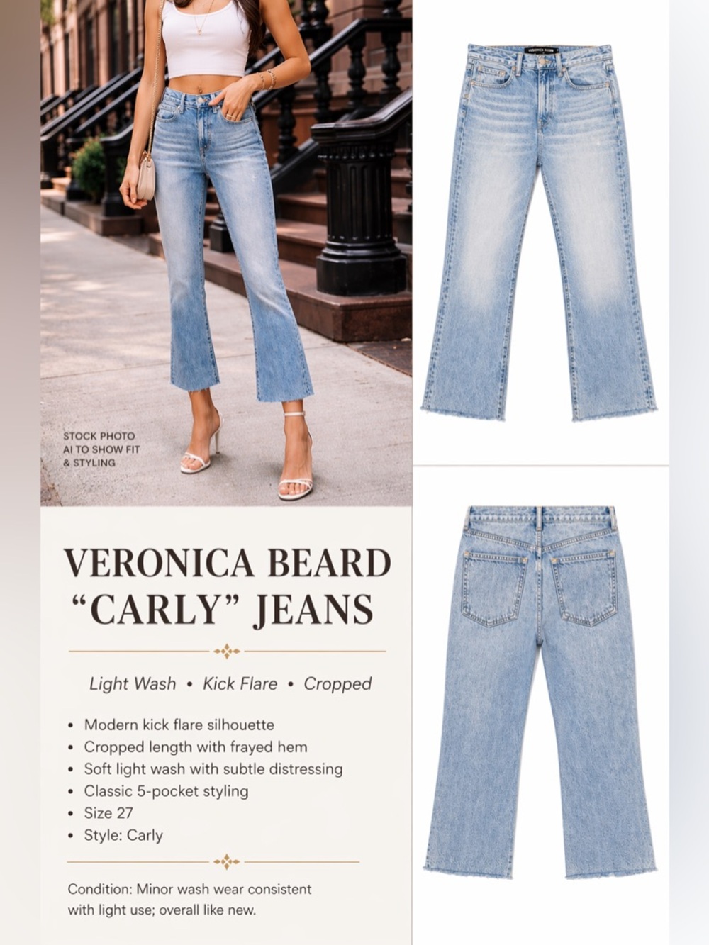 Veronica Beard Light Wash Blue Distressed Kick Flare Cropped Jeans Size 27